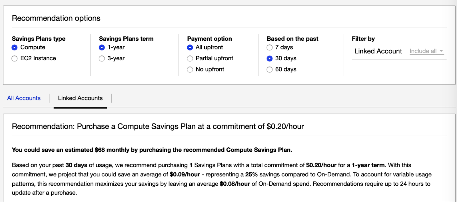 Viewing your AWS Savings Plans recommendations
